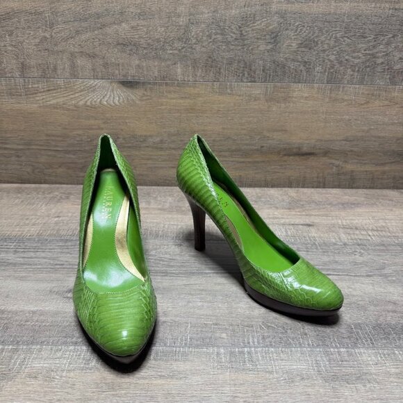 Ralph Lauren Kailee Lime Green Leather Snake Skin Embossed Pumps Women's Size 7 - Picture 6 of 7